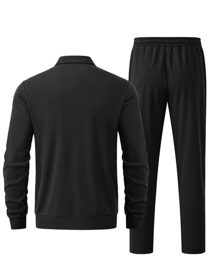 Men's Solid Waffle 2pcs Athletic Outfits, Zip-up Jacket & Pants co ord set for Outdoor Sports
