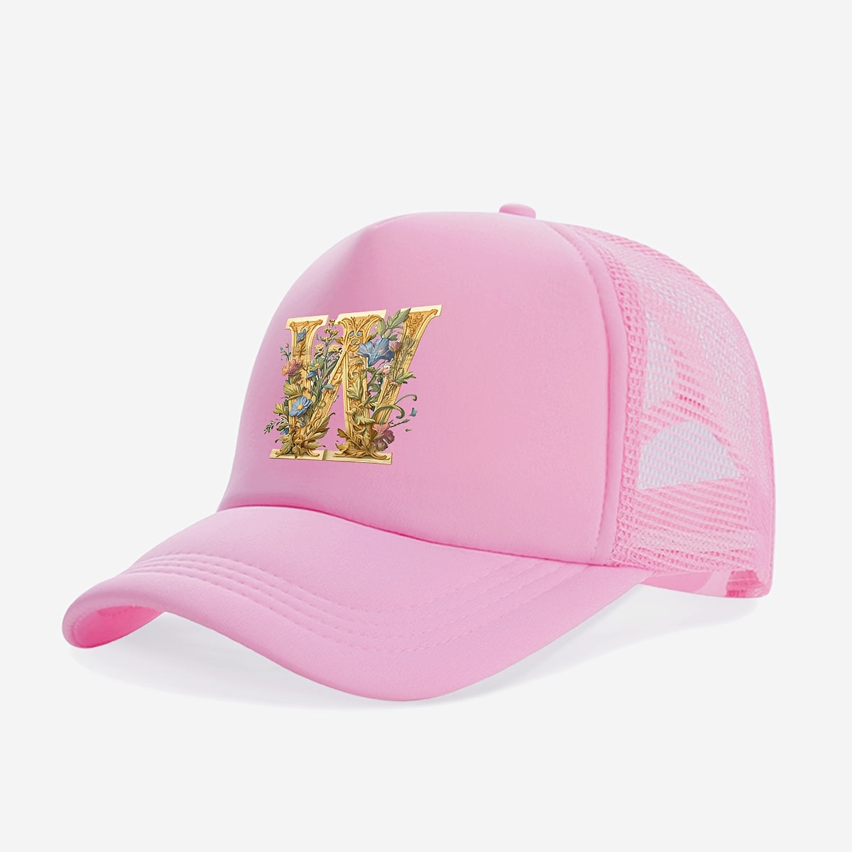 1-Pack Youngsters Trucker Hat with Golden Floral Letter A Design - Breathable Sun Protection, 100% Polyester, Adjustable Snap Closure, Pink for Spring/Summer Outdoor Play, Back to School, Thanksgiving, Teacher's Day (Ages 3-1