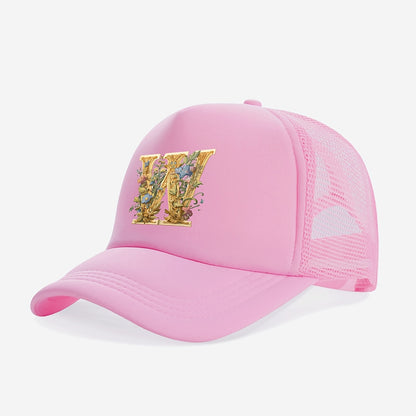 1-Pack Youngsters Trucker Hat with Golden Floral Letter A Design - Breathable Sun Protection, 100% Polyester, Adjustable Snap Closure, Pink for Spring/Summer Outdoor Play, Back to School, Thanksgiving, Teacher's Day (Ages 3-1