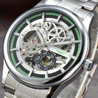Men's Business Leisure Automatic Mechanical Watch, Stainless Steel with Blue Accents, Transparent Back, Date Display, Water-Resistant up to 10m, Ideal Gift, Business Watch | Mechanical Aesthetic | Stainless Steel Band
