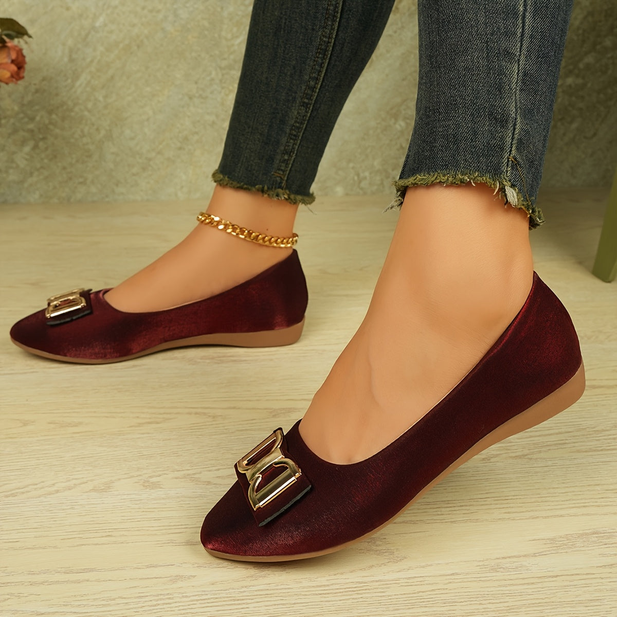 Women's Elegant Red Slip-On Flats with Golden Double Buckle Design - Comfortable Faux Cover Shoes for All Seasons, Pointed Toe Rubber Sole, Perfect for Casual or Dressy Occasions, Dressy Flats | Buckle Embellished Shoes | Lux