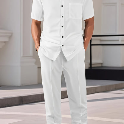 Men'S Two-Piece Set Featuring a Short-Sleeve Cardigan with Pockets And Drawstring Pocket Long Pants, Perfect for a Clean And Comfortable Summer.