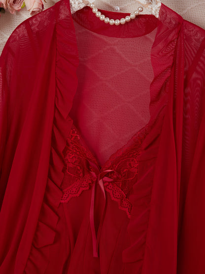 Sexy Mesh Semi-Sheer Strap+Cute Ruffle Long Sleeve Lightweight Mesh Outerwear Pajama Set
