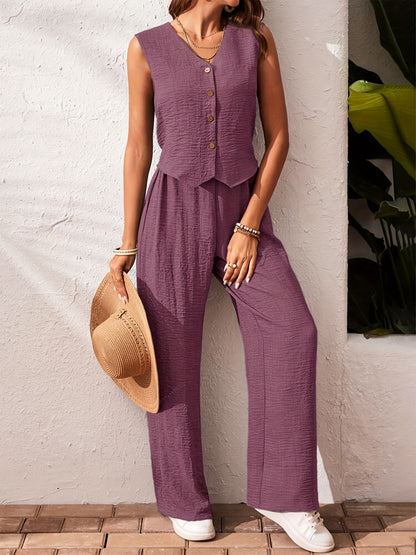 Women'S Elegant Solid Color Sleeveless V-Neck Two-Piece Set - Casual Summer Jumpsuit with Button Placket, Wide Leg Pants, and Beige Wedge Sandals, Casual Attire|Vneck Jumpsuit|Elegant Jumpsuit