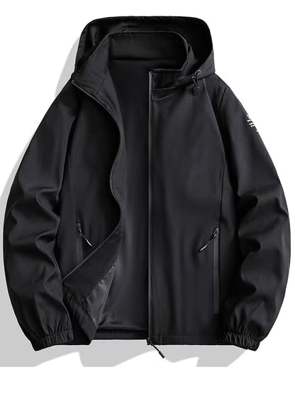 2pcs Men's Sporty Casual Jacket and Stretch Jogger Set, Spring/Autumn Fashion Hooded Jacket with Zipper Pockets, Windproof Outerwear and Black Stretch Joggers, Perfect for Outdoor Activities and Leisure Wear