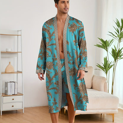 Men's Sleep Robe, Elegant And Light Luxury Pajamas Set, Stylish Gorgeous Floral Print, V-neck Long Sleeve Sleep Robe And Shorts, Sleep Wear Robe Set For Home Wear