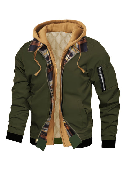 Men'S Warm Fleece-Lined Hooded Jacket with Plaid Details - Casual Winter Coat for Outdoor Activities, Zip-Up, Regular Fit, Polyester Lined, Functional Pockets, Windproof & Warm, Functional Winter Jacket | Stylish Men'S Jacket