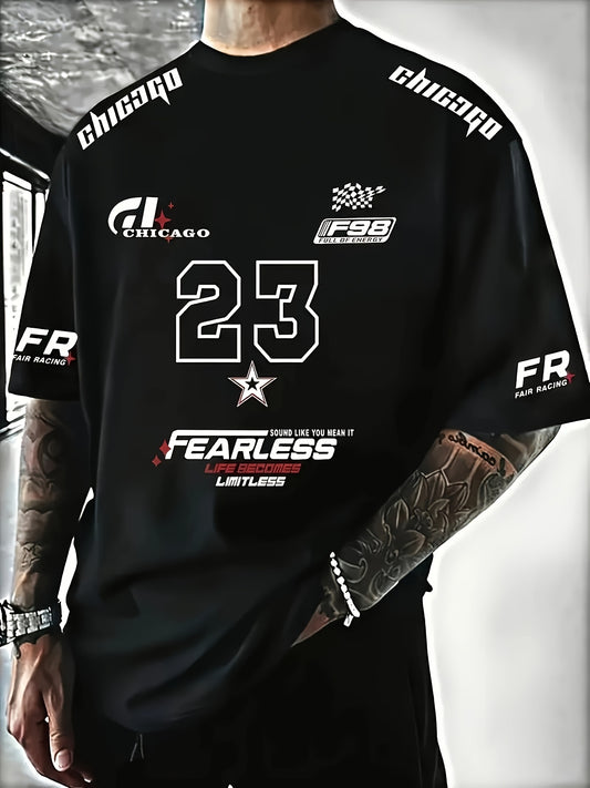 A Men'S Racing Icon #23 3D Print Short-Sleeve T-Shirt - Casual Streetwear, Breathable Sportswear, Round Neck, Summer Fashion Top, Unique Letter Print Design, Made of 100% Polyester, Slightly Stretchy Knitted Fabric, Suitable