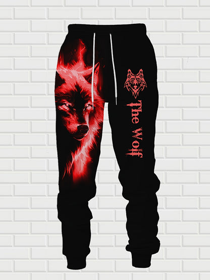 Men'S Wolf Print Hooded Sweatshirt and Joggers Set, Casual Polyester Knit Fabric, Slight Stretch, Regular Fit, Comfortable Long Sleeve Pullover for Spring/Fall, Weekend Casual Wear