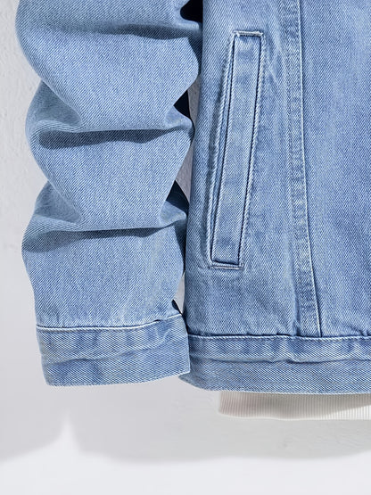 1pc Men'S Casual Slim-Fit Cotton Denim Jacket, Solid Color Lapel Collar with Pockets, Woven Non-Stretch Fabric, 80% Cotton 20% Polyester