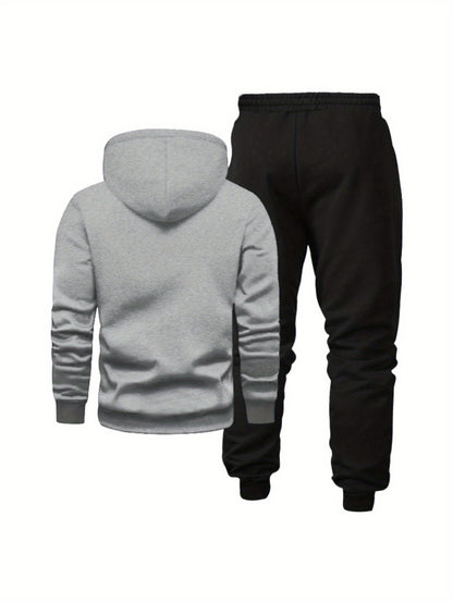 1set Men'S Casual Geometric Heartbeat Pattern Hoodie and Sweatpants Set, Polyester and Spandex Blend, Loose Fit, Hooded Pullover for Autumn/Winter