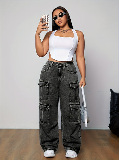 Women's Plus Size Casual Cargo Jeans with Multiple Pockets - High-Rise, Loose Fit Denim in Black, Light Blue & White, Perfect for Casual Attire, Casual Denim Wear | Utility Style Pants | Smooth Texture Jeans