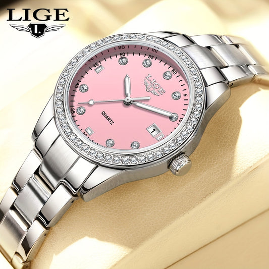 Elegant Pink Women'S Watch - LIGE Quartz Chronograph with Stainless Steel Band, Rhinestone Accents, Date Display & Heart Rate Monitor - Ideal Mother'S Day Gift, Gift for Women | Elegant Timepiece | Quartz Movement, LIGE