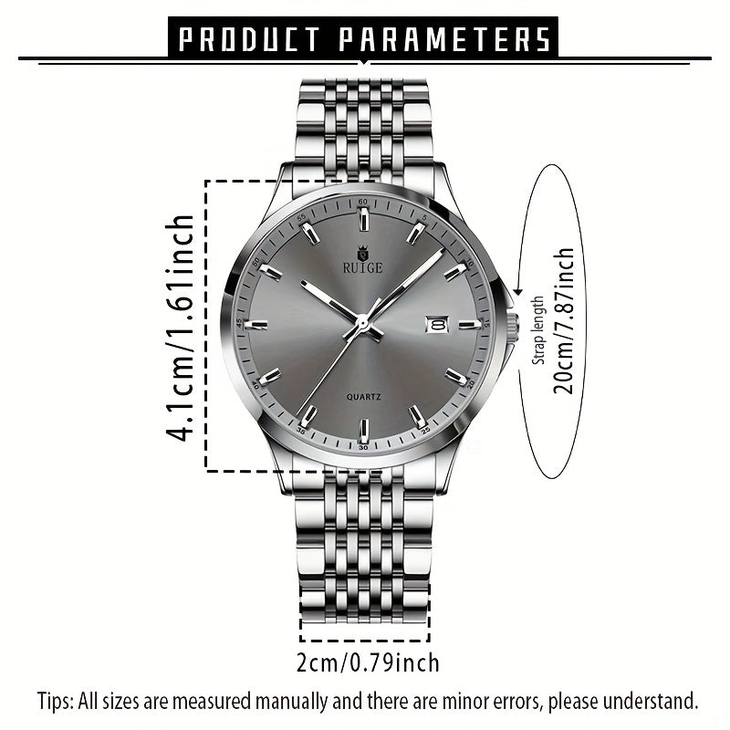 RUIGE Men's Sleek Quartz Watch - Stainless Steel Band, Simple Design with Date Display & Night Light Feature, Casual Wristwatch for Casual Attire