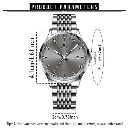 RUIGE Men's Sleek Quartz Watch - Stainless Steel Band, Simple Design with Date Display & Night Light Feature, Casual Wristwatch for Casual Attire