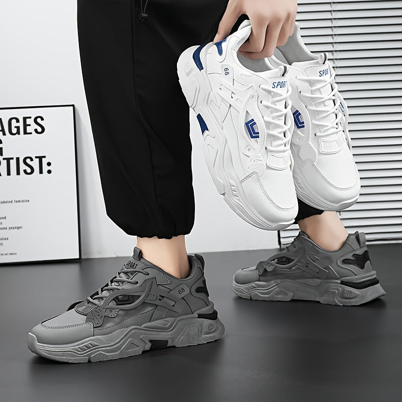 Men's White & Blue Geometric Accent Casual Sneakers - Low-Top Lace-Up Breathable PU Upper, Cushioned EVA Insole & Durable Rubber Sole for All-Season Casual Attire, Shoes Sneakers, Allseason Footwear, Sleek Shoe Design, Fabric