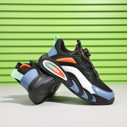 Casual Cool Low Top Sneakers With Rotating Button For Boys, Breathable Shock-absorbing Running Shoes For Spring Summer Autumn