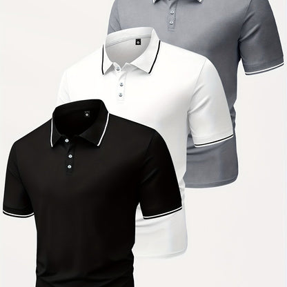 3pcs Men's Casual Fashion Shirts - Breathable Polyester, Short Sleeve, Button-Up with Classic Collar - Machine Washable, Summer Essentials in Black, White, and Beige