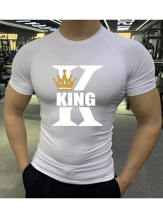 Men'S High-Elastic Breathable Short Sleeve Athletic Shirt - Summer Running & Training Top with "KING" Crown Print, High Stretch Microfiber, White, Gym Wear | Bold Design | Subtle Sheen Finish, Gym Wear Shirts