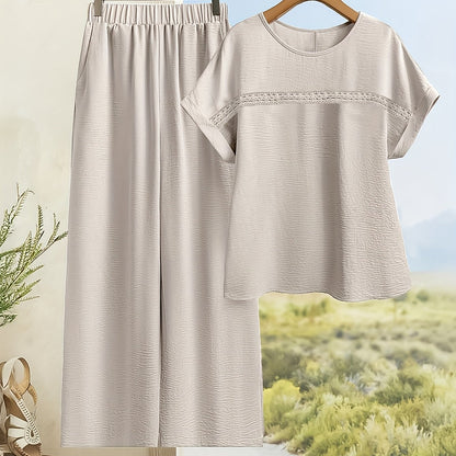 Women's Solid Color Contrast Lace Short Sleeve Top and Wide Leg Pants Casual Two-Piece Set