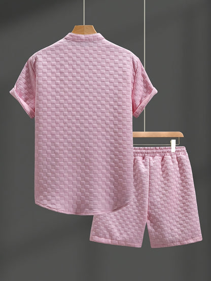 Men'S Casual Summer Short Sleeve Shirt & Shorts Set - Light Blue, Button-Up, Polyester, Perfect for Casual Attire, Parties, and Outdoor Activities, Casual Summer Wear|Short Sleeve Shirt|Polyester Fabri