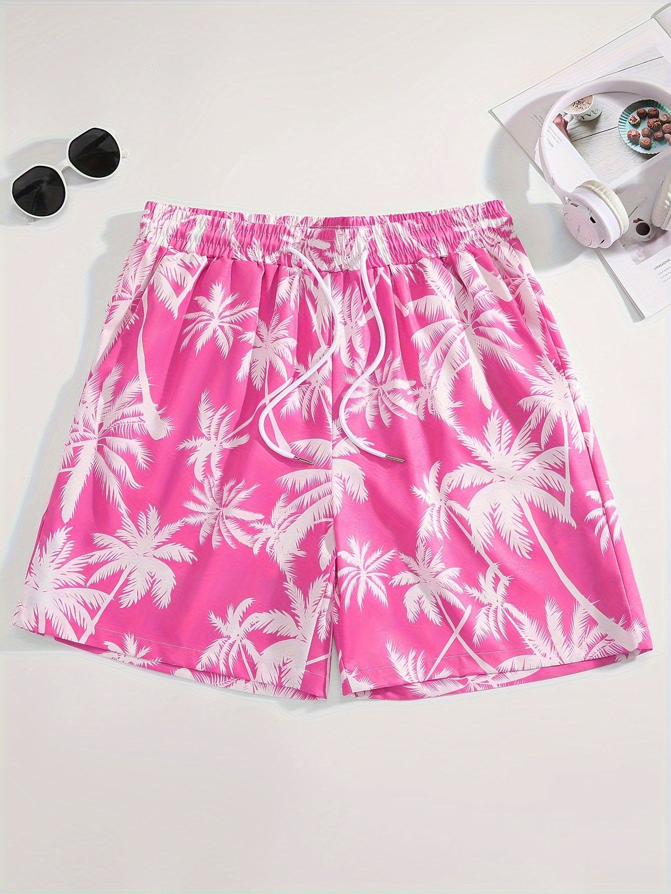Men's Tropical Coconut Tree Print Drawstring Shorts - Casual, Loose-Fit Beachwear with Pockets