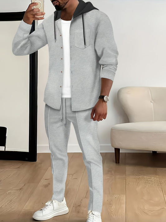 New Long Sleeve Buttoned Hooded Jacket and Rope Pants Set for Spring and Autumn, Waffle Solid Classic Men's Sports 2pcs Sports Suit - Sports Suit for Outdoor Sports Enthusiasts, Breathable and Comfortable