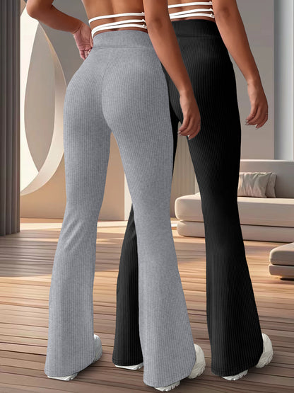 2-Pack Women'S High Waist Flare Leg Pants, Casual Stretchy Yoga Sports Trousers, 96% Polyester 4% Spandex, All-Season Knit Fabric, Solid Color Long Length Pants for Women