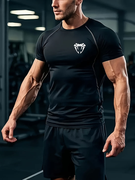 Men'S Quick-Dry Athletic Compression T-Shirt with Serpent Head Logo - Short Sleeve, High Stretch, Breathable Fabric for Running & Workout, Blue