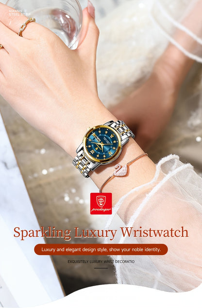 POEDAGAR Elegant Stainless Steel Quartz Watch for Women, Luminous Calendar, Round Alloy Case, Trendy Korean Style, Non-Rechargeable Battery, Watch Accessories