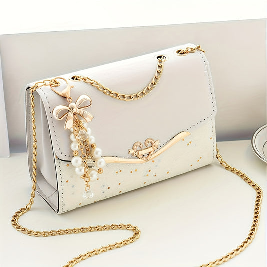 This bag is available in khaki, beige, black, and blue colors. A stylish bohemian beige PU crossbody bag with tassel charm - urban-style flap shoulder bag featuring a metal chain strap, lightweight and portable, ideal for sho