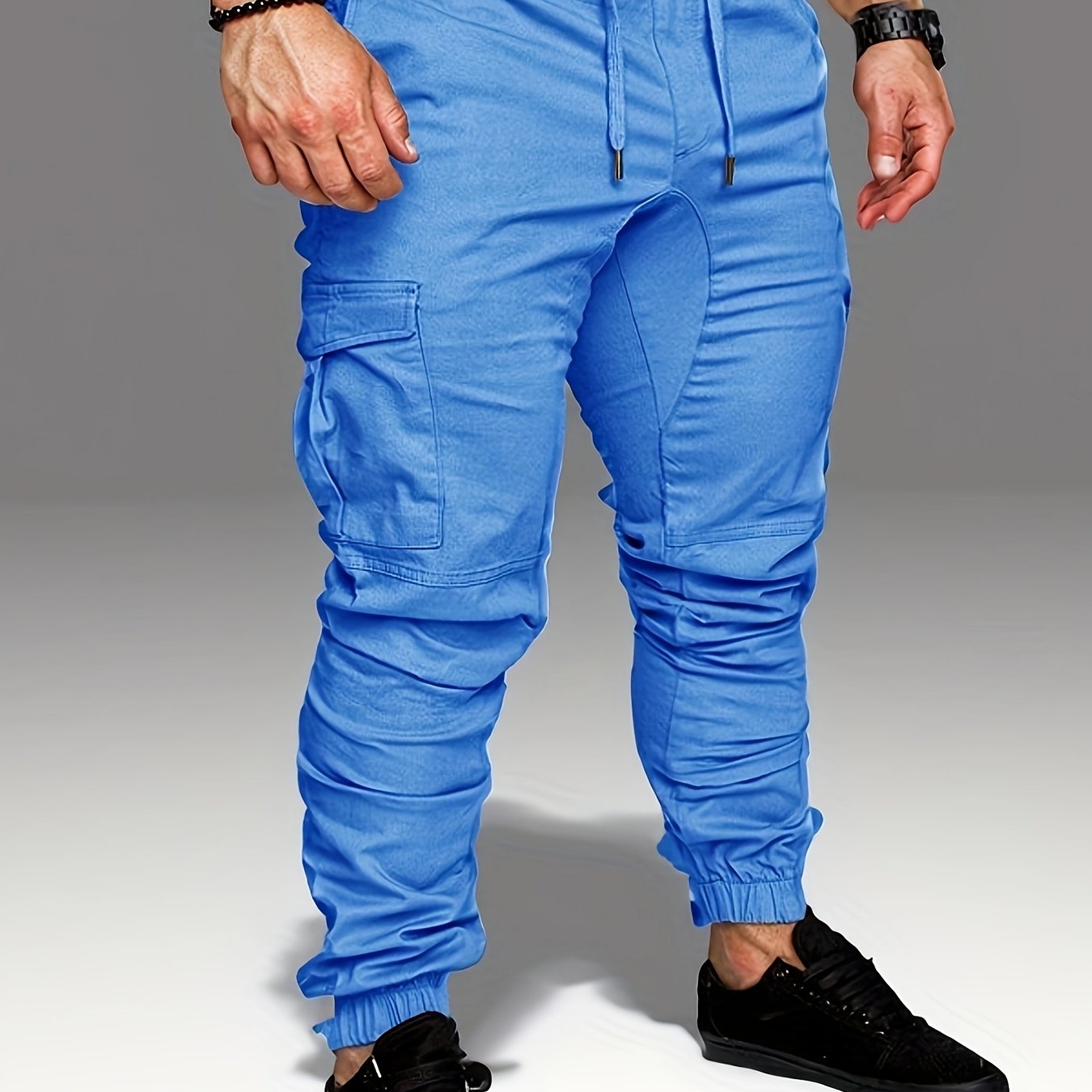 Men'S Casual Cargo Pants, 95% Cotton 5% Spandex, Skinny Fit, Solid Color, Long Length, Woven Fabric, Non-Stretch, with Pockets, 215g/m² Weight