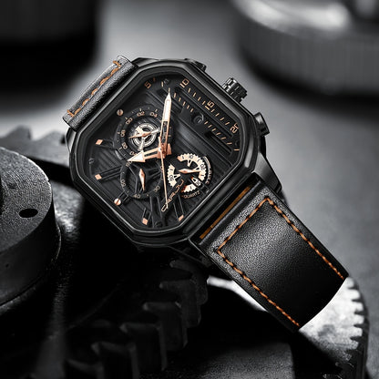 CRRJU Men's Sporty Chronograph Watch with Rose Golden Accents, Quartz Movement, IPX8 High Quality, Black Dial & Brown Faux Leather Strap - Durable Casual & Formal Timepiece