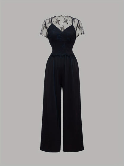 Elegant Mesh Long Sleeve Crop Top & Bodycon Wide-Leg Jumpsuit Set - Chic V-Neck, Ruched Detail, Black Mesh Blouse with Spaghetti Straps, Wide Leg Pants for Spring/Summer, Women'S Fashion, Clothing | Relaxed Fit | Chic Desig