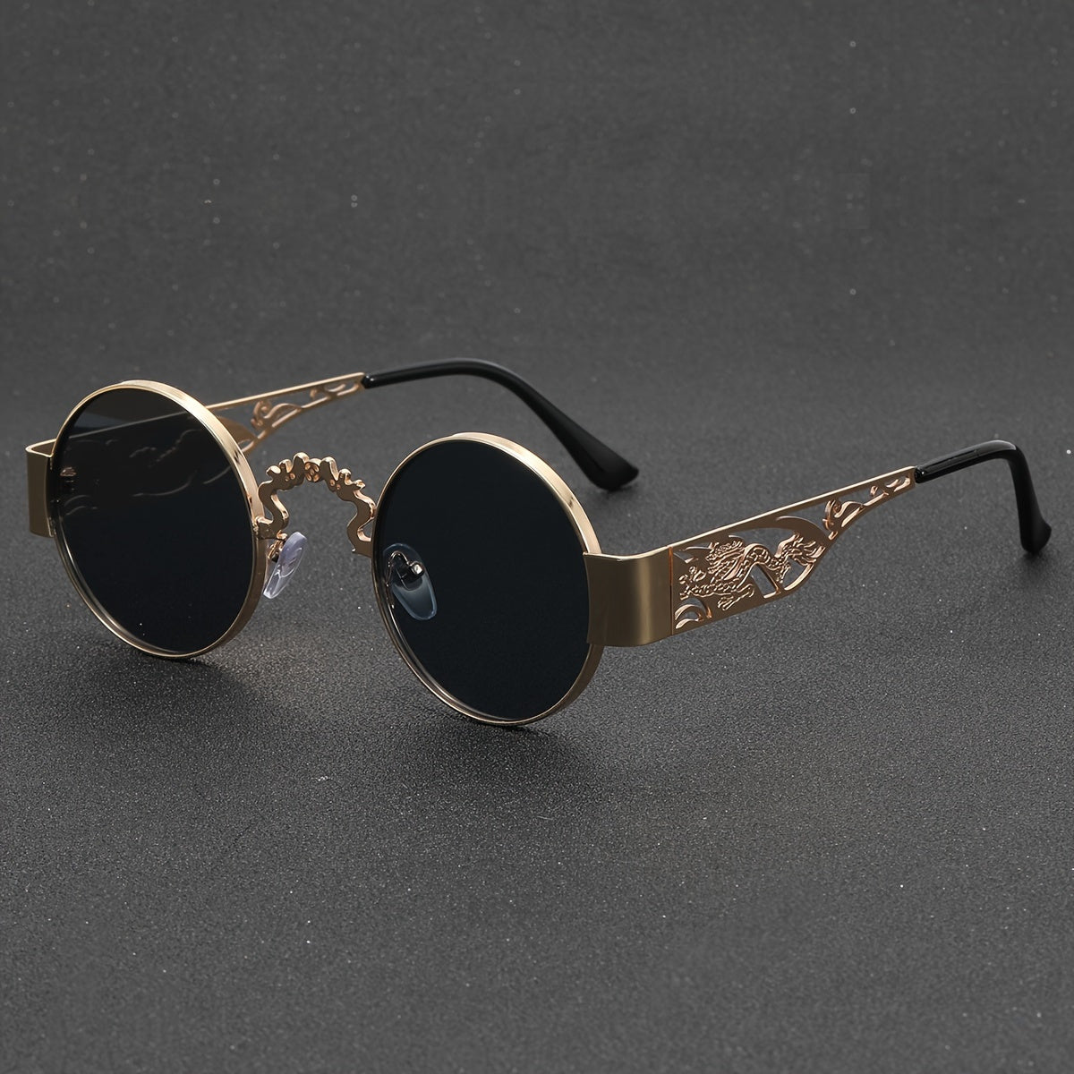 A Pair Of Men's Stainless Steel Retro Round Frame Glasses, Chinese Dragon And Phoenix Carving Hollow Arms, Casual Hip-hop Punk Street Party Fashion Trend Decorative Glasses, With PC Lenses