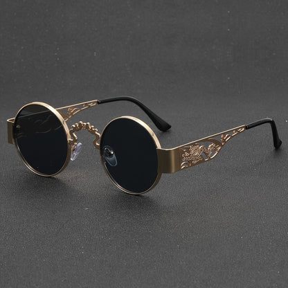 A Pair Of Men's Stainless Steel Retro Round Frame Glasses, Chinese Dragon And Phoenix Carving Hollow Arms, Casual Hip-hop Punk Street Party Fashion Trend Decorative Glasses, With PC Lenses