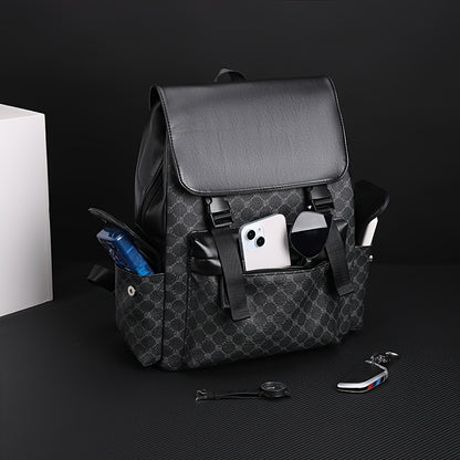 Men'S Stylish Black & Brown Gingham Print Backpack - Versatile Commuter Bag with Multiple Pockets, Adjustable Straps, and Golden-Tone Hardware for Work, Travel, and Study, Travel Backpack | Gingham Pattern | Synthetic Backpac