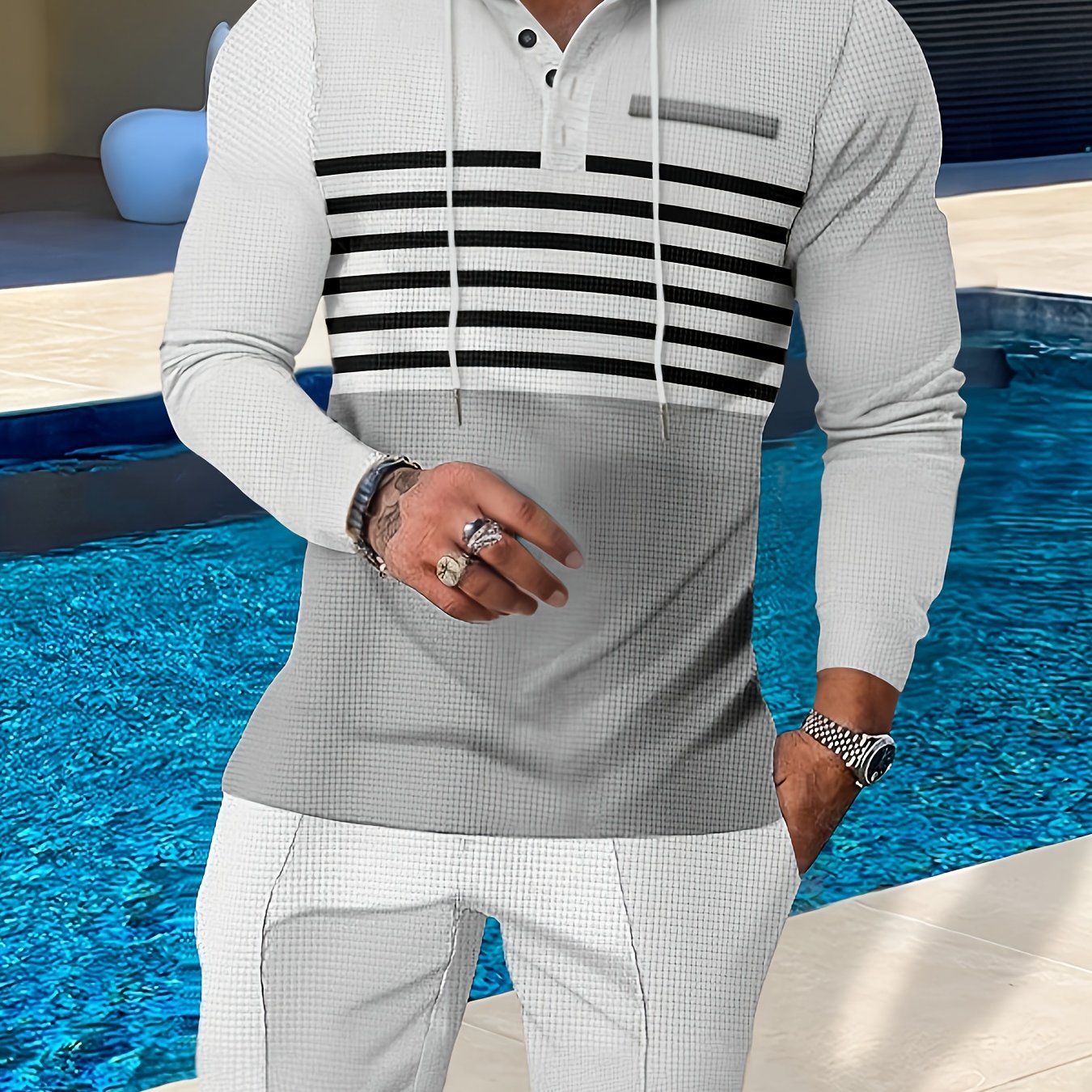 New Men's Casual Set Outdoor Versatile High Fashion Men's Hoodie Color blocked Striped Long Sleeve Top Long Pants Two Piece Set for Men