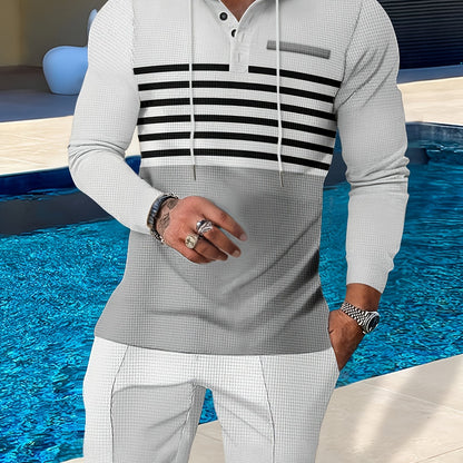 New Men's Casual Set Outdoor Versatile High Fashion Men's Hoodie Color blocked Striped Long Sleeve Top Long Pants Two Piece Set for Men