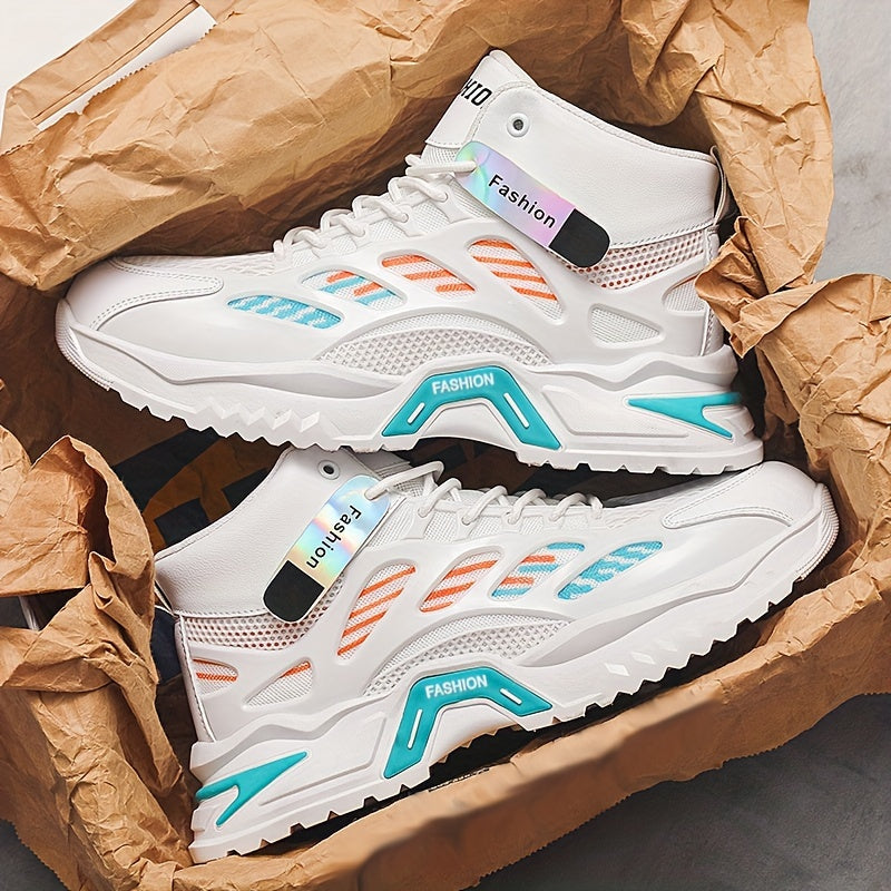 Fashion Mid-Top Sneakers for Men - Casual Street Style Athletic Shoes with Graphic Pattern, Lace-Up Closure, All-Season Round Toe Trainers with PU Upper, Fabric Lining & Insole, Anti-Slip PVC Sole