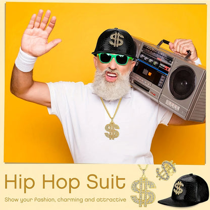 5pcs Hip Hop Costume Kit 80s 90s Rapper Accessories Set Golden Rapper Hat Baseball Cap Punk Fashion Glasses Golden Dollar Sign Pendant Necklace Ring Bracelet for Men Women Carnivals, throwback party Outfit Halloween Jewelry f
