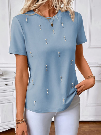 Women'S Beaded Embellished Short Sleeve T-Shirt - Round Neck Casual Top for Spring & Summer, Lightweight Polyester Blend, Elegant Beaded Detailing, Perfect for Casual Attire