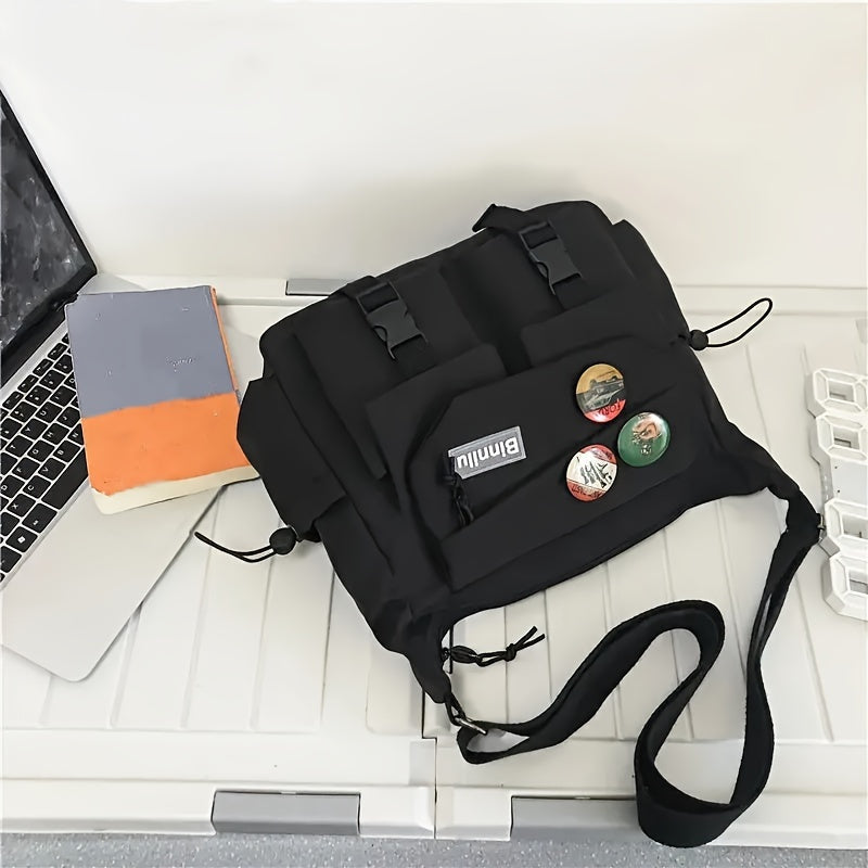Trendy Nylon Messenger Bag - Casual Japanese-Inspired Shoulder Bag with Adjustable Strap, Large Capacity, Multi-Pocket Design for School & Sports, Blue & White