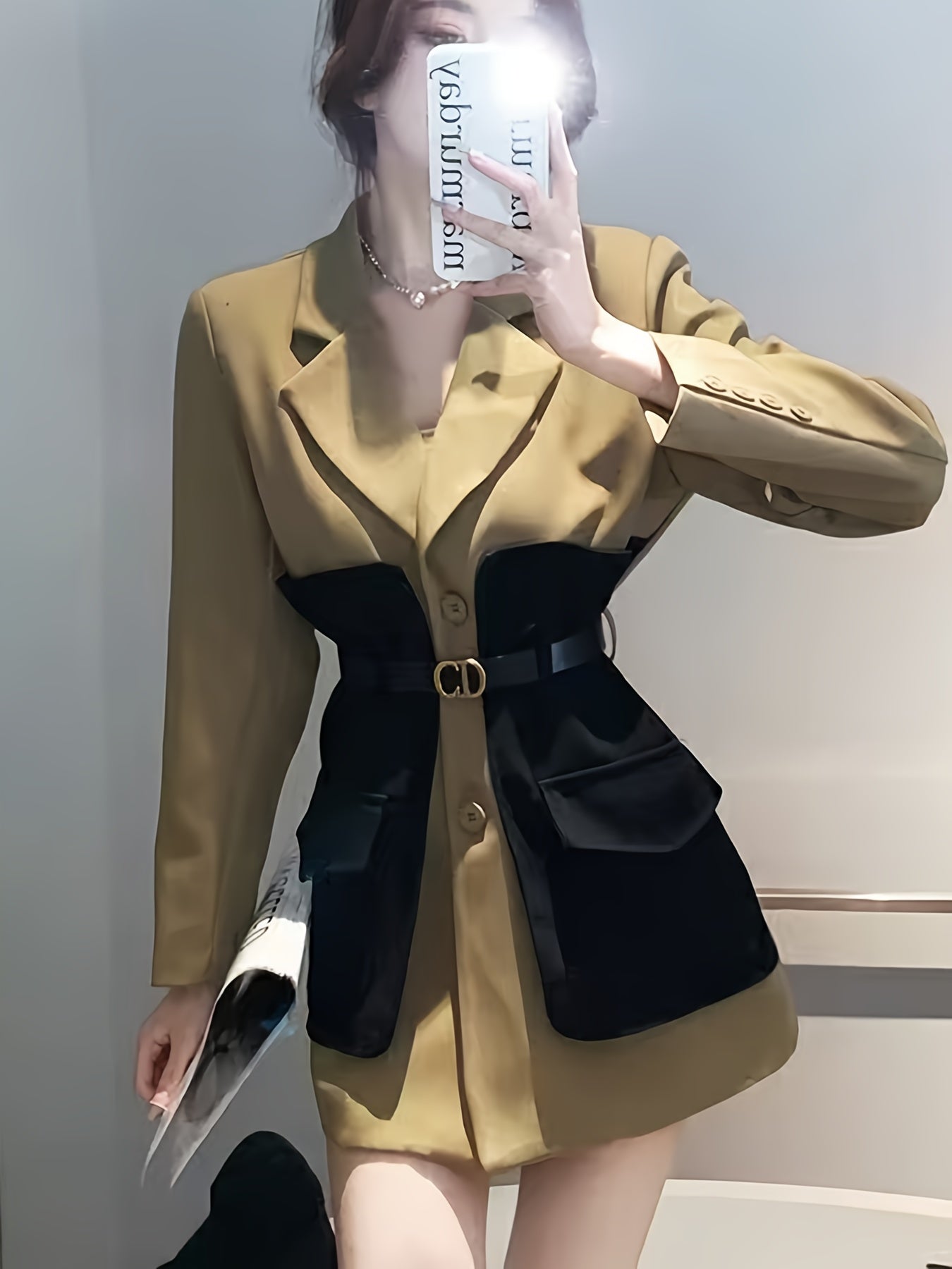 Կանացի էլեգանտ Midi Blazer, միաձույլ գույնի պոլիեսթեր 100% երկարաթև բաճկոն գոտիով դետալներով, X-Contour միայնակ կրծքով վերարկու, գարուն/ամառ նորաձև վերարկու
