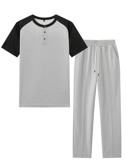 Men's Casual Mixed Color Spliced Set: Shirt and Drawstring Pants, Clean and Comfortable