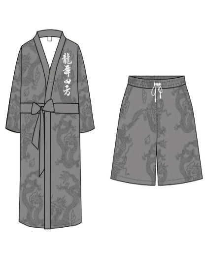 Men'S Dragon Dance Square Dragon Print Robe and Shorts Set - Casual V-Neck, Non-Stretch Polyester Home Wear with Belt Detail, Regular Fit