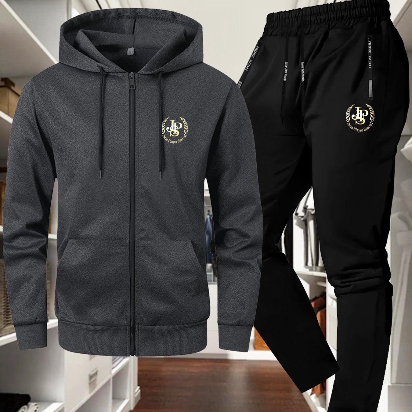 Men'S Trendy Autumn/Winter Jacket and Pants Set, JSP Print, Casual Young Sports Suit, Slim Fit, Long Sleeve, Zip-Up Hoodie with Pockets, Solid Color, Polyester, Casual Wear|JSP Print Jacket|Zippered Jacket, Autumn Clothin