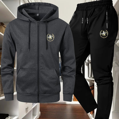 Men'S Trendy Autumn/Winter Jacket and Pants Set, JSP Print, Casual Young Sports Suit, Slim Fit, Long Sleeve, Zip-Up Hoodie with Pockets, Solid Color, Polyester, Casual Wear|JSP Print Jacket|Zippered Jacket, Autumn Clothin