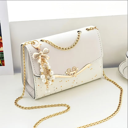 Women's Glitter Crossbody Bag with Accents & Detachable Chain Strap - Small Square Shoulder Bag, Magnetic Closure, Golden-Tone Hardware, White//Red/Black for Casual & Formal Occasions, Crossbody Purse, Versatile Accessory, Ev