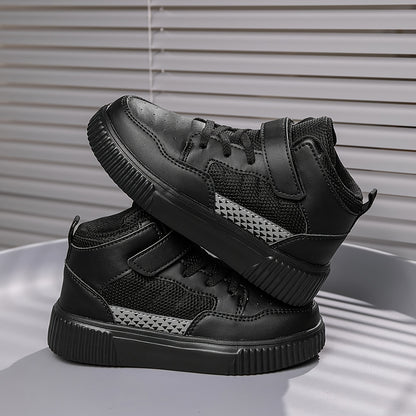 Youngsters' Black Mesh & PU High-Top Sneakers with Diamond Pattern - Breathable, Durable, Lightweight EVA Sole & Adjustable Hook-and-Loop Closure for School, Outdoor, Training - All-Season Versatile Play Shoes for Boys & Girl
